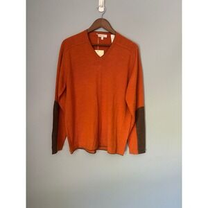 Nove Mens V-Neck Wool Blend Sweater Orange Brown Elbow Patches Made in Italy L